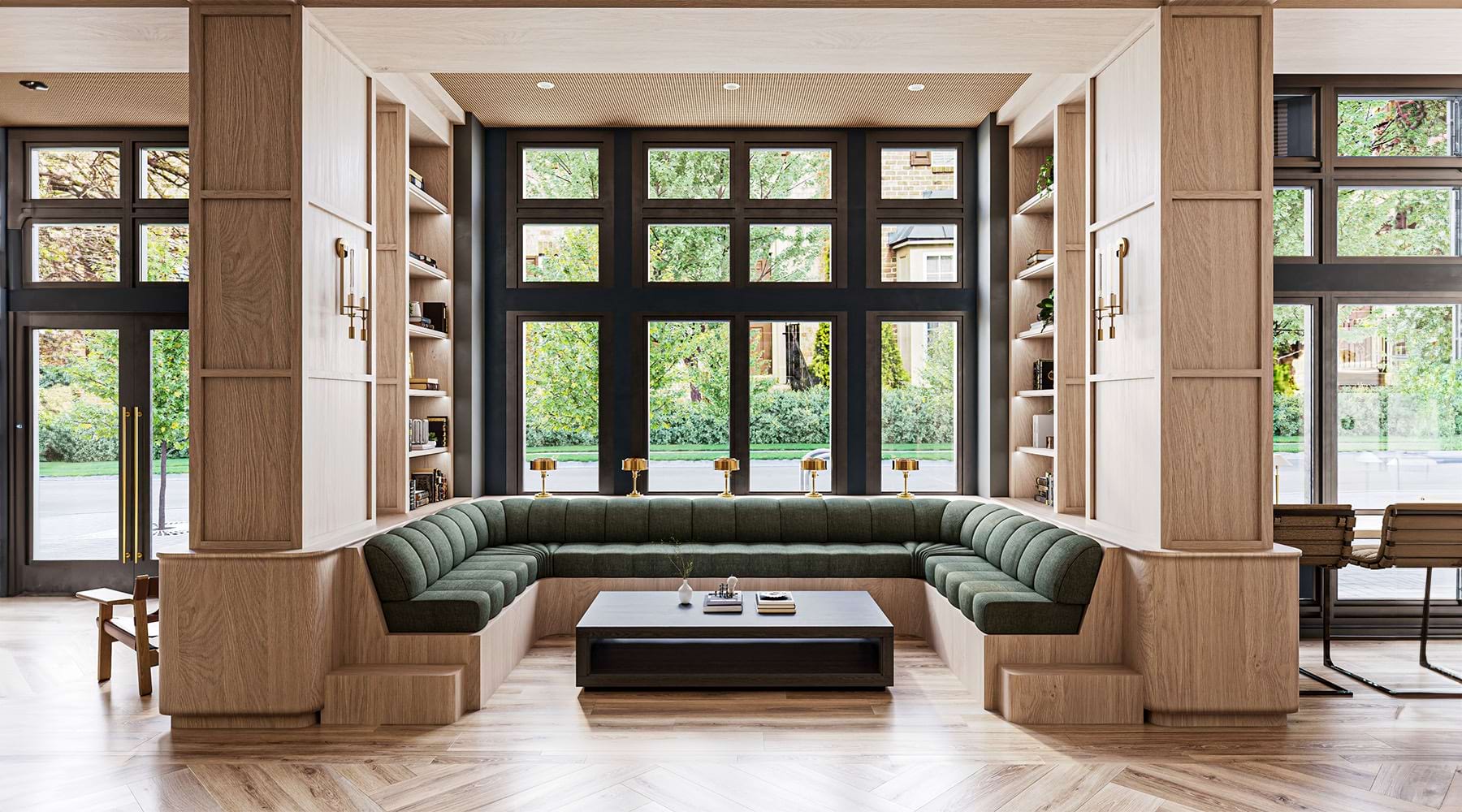 Welcome Home lounge with a large green couch